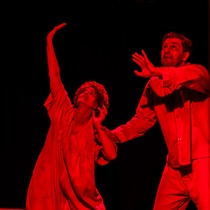 Photographs of rehearsal for the theatrical production, Dos viejos pánicos