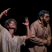 Photographs of rehearsal for the theatrical production, Dos viejos pánicos