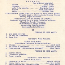 Program for the production, "Abdala", for the poems by Martí recited by N. Acevedo and for the spoken choruses,  "Mi raza", "No olvides al campesino", "Marcha triunfal del ejército rebelde", "Las carretas", "Danza negra", and "La historia me absolverá" 