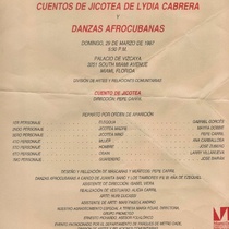 Flyer for the theatrical production, Cuentos de Jicotea de Lydia Cabrera y Danzas afrocubanas