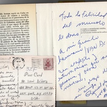 Postcard and signed copy of Reinaldo Arenas, El mundo alucinante