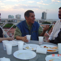 Photograph of Olga Lastra, Reinaldo Montero, Omar Valiño, and Abelardo Estorino at Fundación Ludwig, Havana