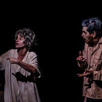 Photographs of rehearsal for the theatrical production, Dos viejos pánicos