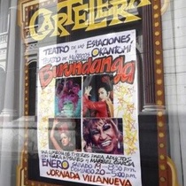 Photograph of Cartelera with poster for the production, "Burundanga"