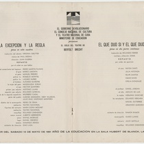 Program for the theatrical production, La excepción y la regla and El que dijo sí y El que dijo no