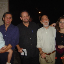 Photograph of Reinaldo Montero, Alberto Sarraín, Abelardo Estorino, and Olga Lastra at Fundación Ludwig, Havana 2004