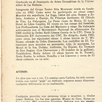 Program for the theatrical production, Un asesino para Carlota