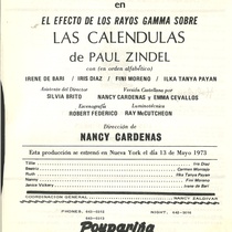 Program for the theatrical production, Bodas de Sangre and El efecto de los rayos gamma sobre las caléndulas