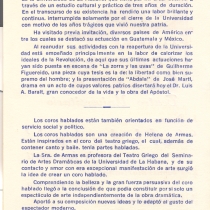 Program for the production, "Abdala", for the poems by Martí recited by N. Acevedo and for the spoken choruses,  "Mi raza", "No olvides al campesino", "Marcha triunfal del ejército rebelde", "Las carretas", "Danza negra", and "La historia me absolverá" 