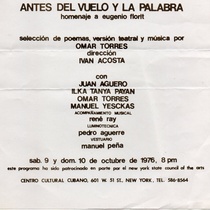 Program for the theatrical production, Antes del vuelo y la palabra