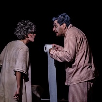 Photographs of rehearsal for the theatrical production, Dos viejos pánicos