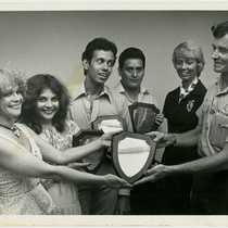 Teresa María Rojas, Lourdes Menci, Reynaldo González and Patricio Palacios holding performance award for the production, "El Gran Teatro del Mundo"