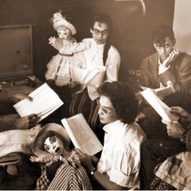 Photograph of Pepe Carril, Carucha Camejo, Perucho Camejo, Bertica Camejo and Pepe Camejo, in rehearsal for the theatrical production, Los zapaticos de rosa