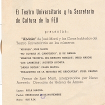 Poster for the production, "Abdala" and for the spoken choruses, "Mi raza", "No olvides al campesino", "Marcha triunfal del ejército rebelde", "Las carretas", "Danza negra", and "Fragmento de 'La historia me absolverá'"